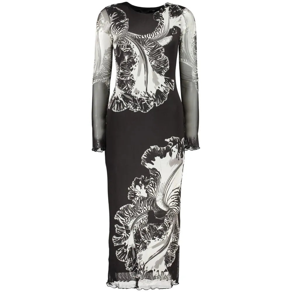 Black Desigual long-sleeved maxi dress with sheer patterned sleeves and white/grey abstract designs. Polyester blend, crew neck.