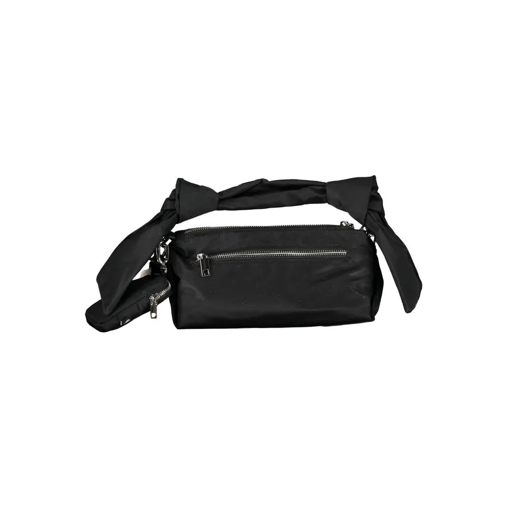 Black polyester women's handbag with unique knotted handle, zip closure, and removable coin purse.
