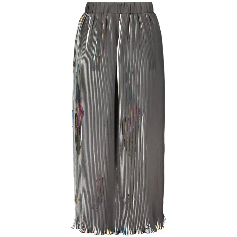 Black Desigual long pleated polyester women's skirt with elastic waist and colorful contrasting print.