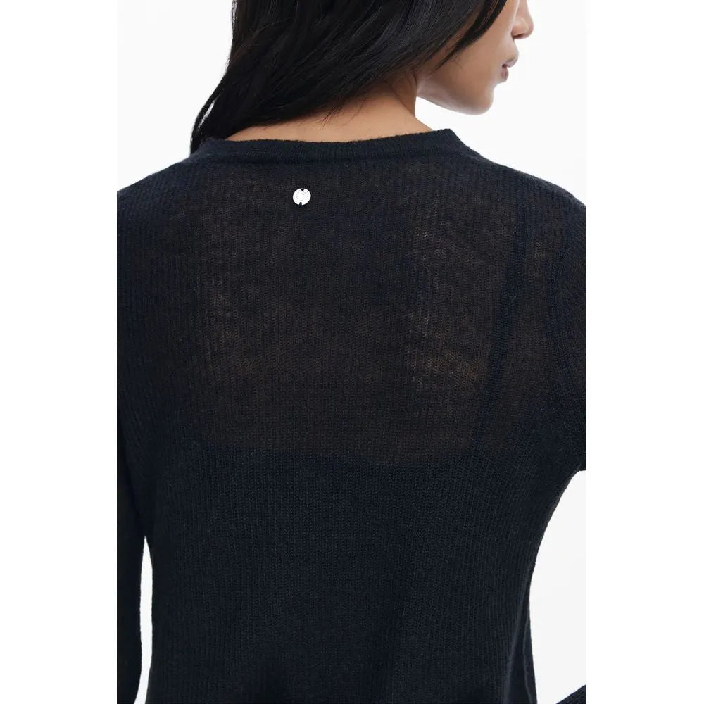 Women's black polyester blend long-sleeve Desigual dress, sheer back with silver logo at crew neck.