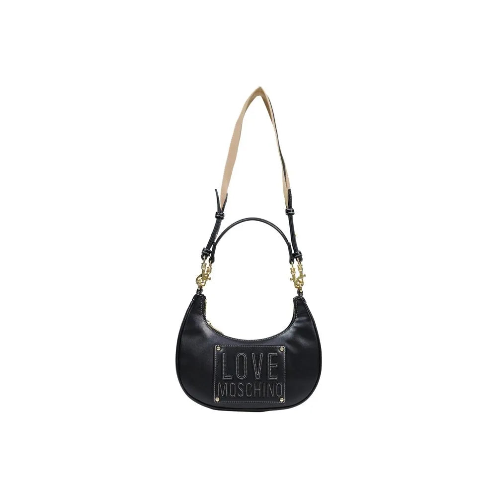 Black Love Moschino polyurethane shoulder bag, crescent shape, beige strap, top handle, gold hardware, embossed logo.