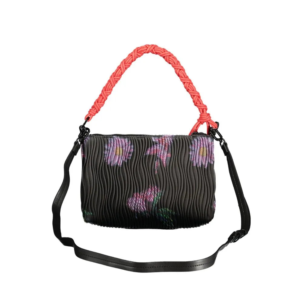 Xenon Dortmund black pleated polyethylene handbag with purple floral print, coral braided handle, and black strap.