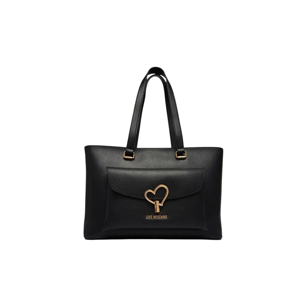 Black Love Moschino large polyurethane tote bag with gold heart detail, front flap pocket, and top handles.