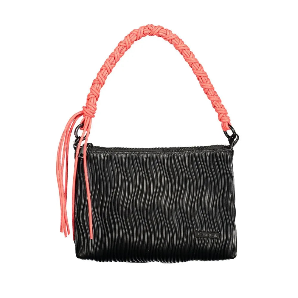 Black polyethylene handbag with distinctive wavy texture, vibrant coral braided top handle, side tassel, and zip closure.