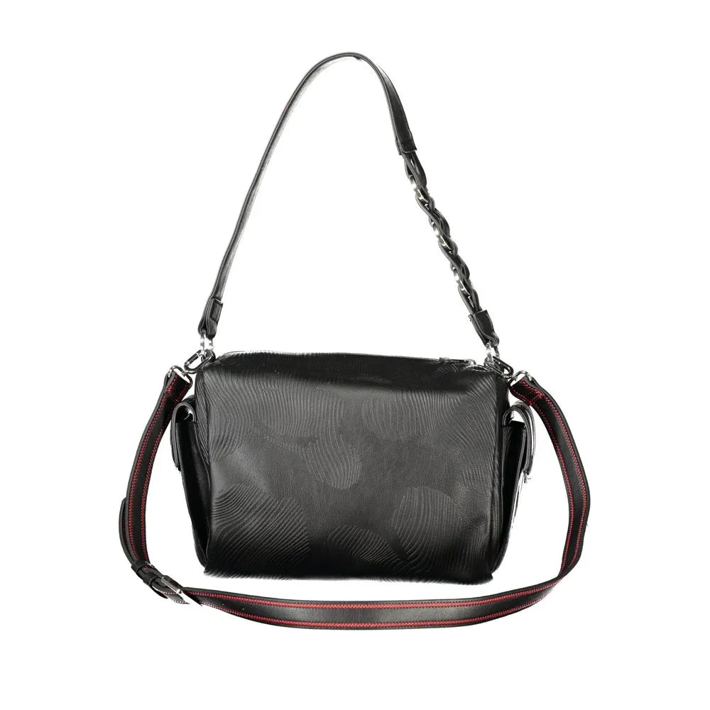 Black polyurethane Desigual handbag with wavy texture, braided handle, red-trimmed adjustable strap, and side pockets.