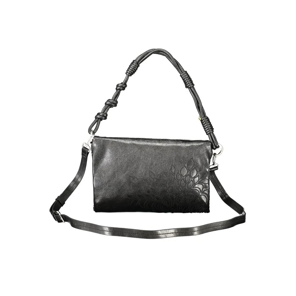 Black polyurethane women's handbag featuring an embossed floral design, knotted shoulder strap, and adjustable crossbody strap.