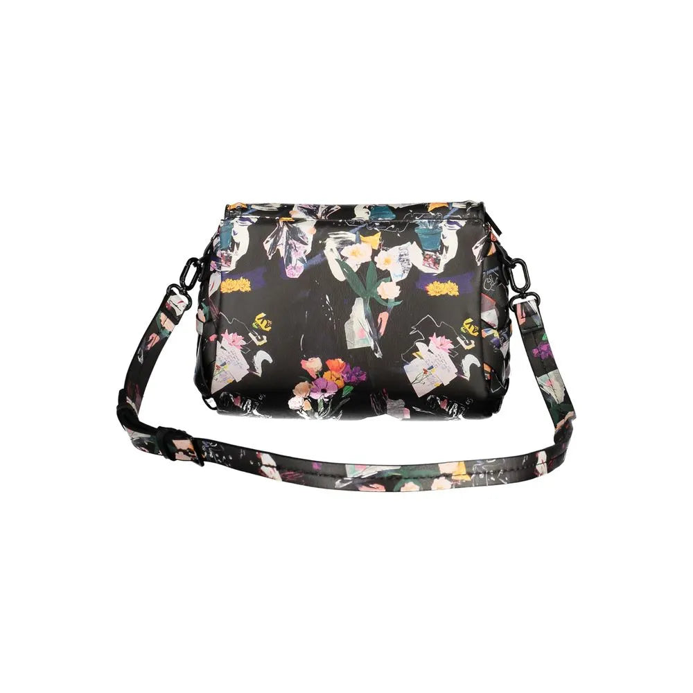 Desigual black polyurethane women's handbag with vibrant floral and abstract print, adjustable strap.
