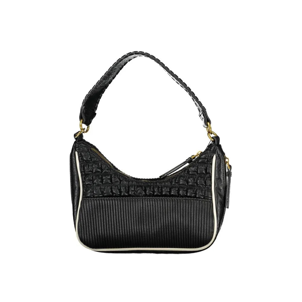 Black polyurethane women's handbag with braided handle, gold hardware, white piping, and a quilted and ribbed textured front.