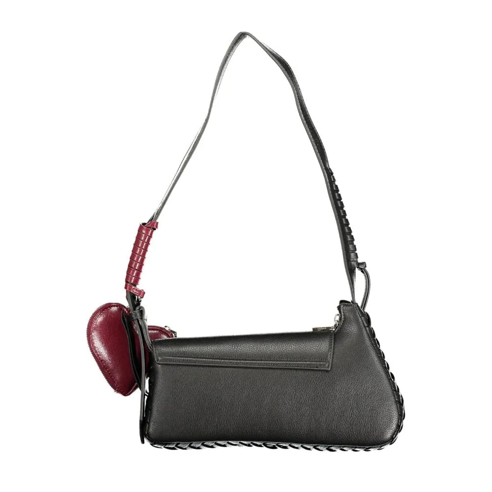 Black polyurethane women's handbag with shoulder strap, braided trim, and a striking red heart coin purse.
