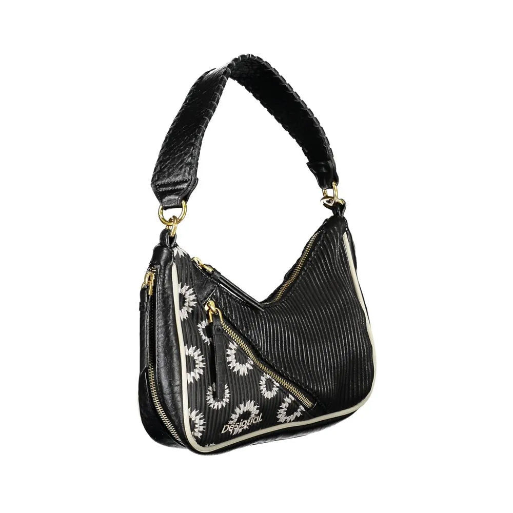Black Desigual polyurethane handbag with white floral pattern, braided handle, contrast trim, and gold hardware.