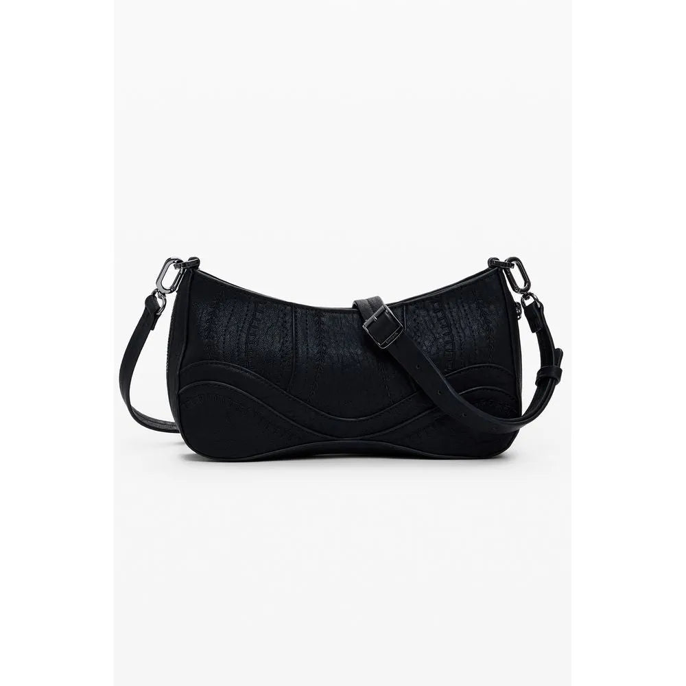 Black polyurethane women's crescent shoulder bag with embossed texture and adjustable strap.