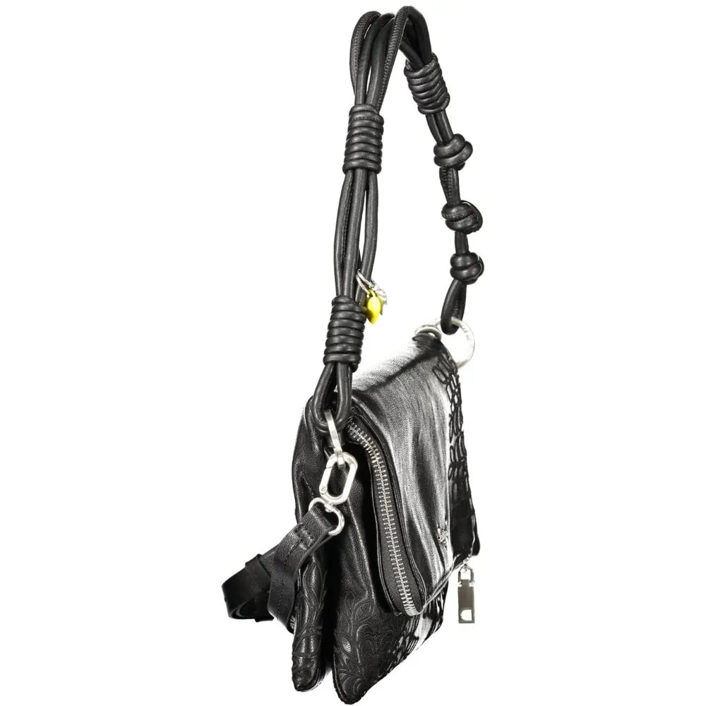 Black polyurethane Desigual Sierra Murano handbag with embossed pattern, unique knotted shoulder strap, and silver hardware.