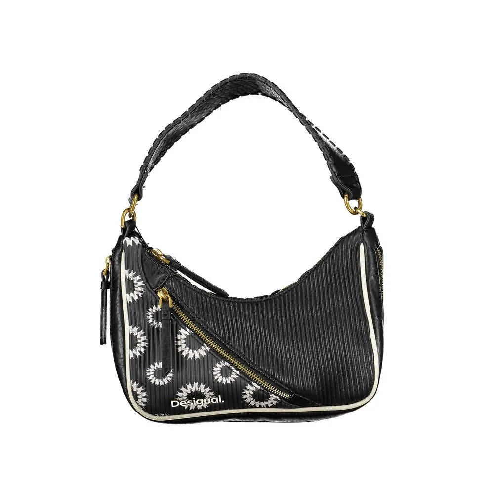 Black Desigual polyurethane handbag with textured, white floral patterns, gold zippers, and white piping.