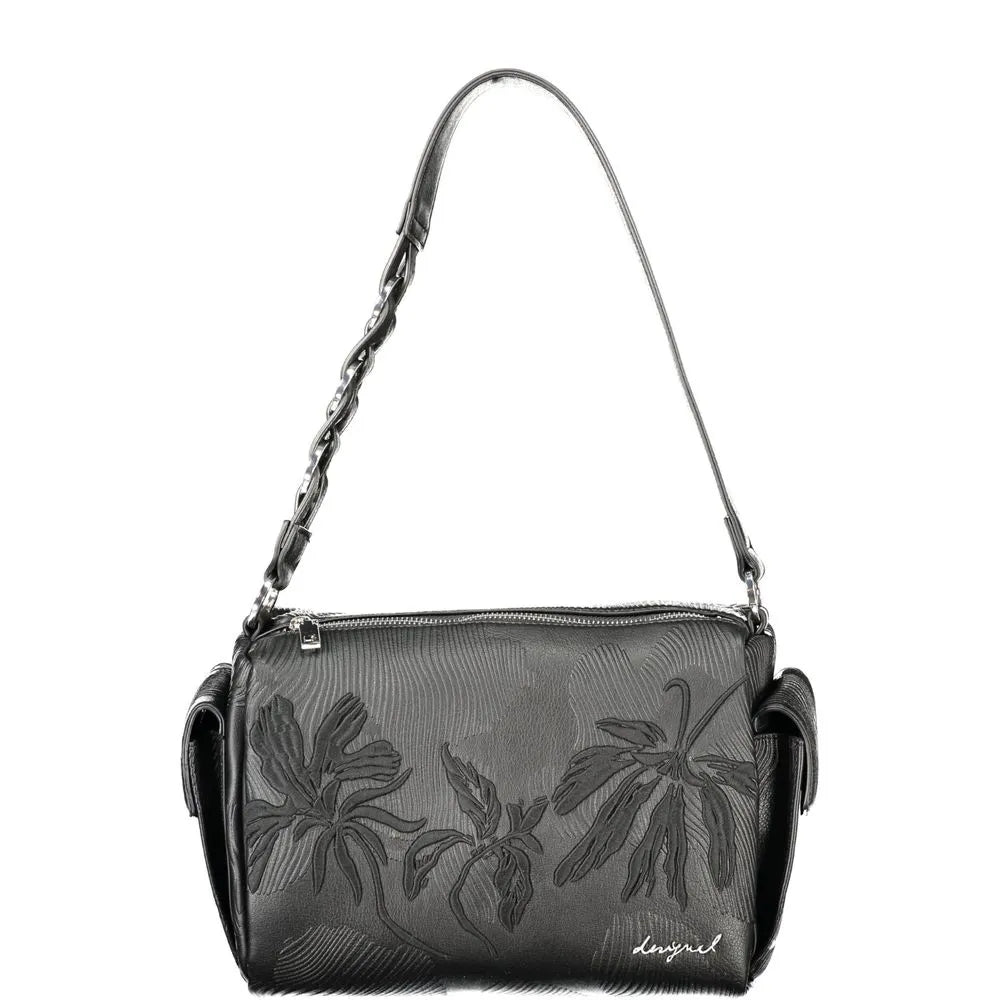 Black Desigual women's polyurethane shoulder bag with embossed floral patterns, zip closure, and side pockets.