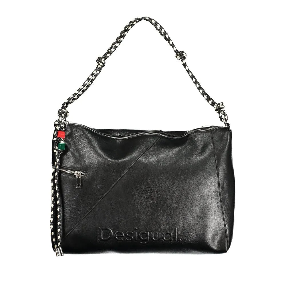 Black Desigual polyurethane women's handbag with a braided black/white shoulder strap, embossed logo, and front zip pocket.