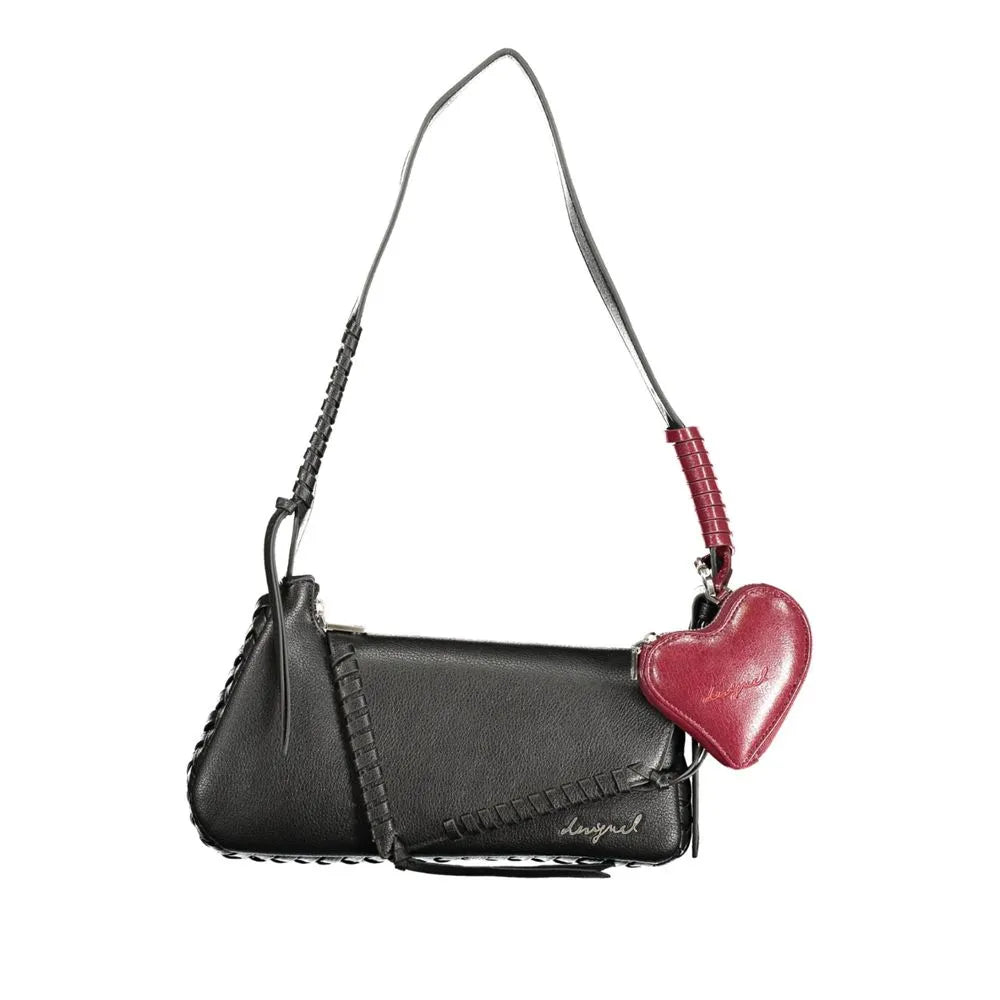Black Desigual polyurethane shoulder bag with braided strap, contrasting stitching, and a red heart coin purse.
