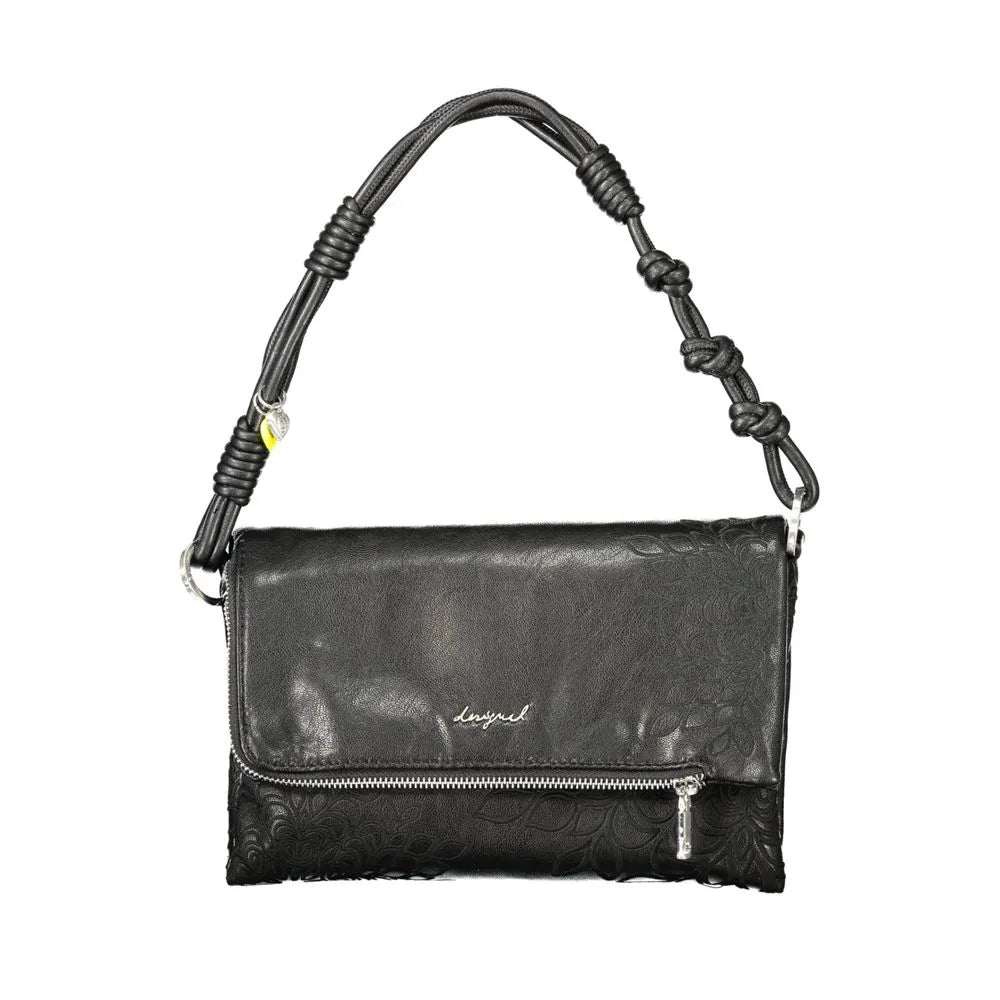 Black polyurethane Desigual Sierra Murano handbag with embossed floral pattern, knotted shoulder handle, and silver zip.