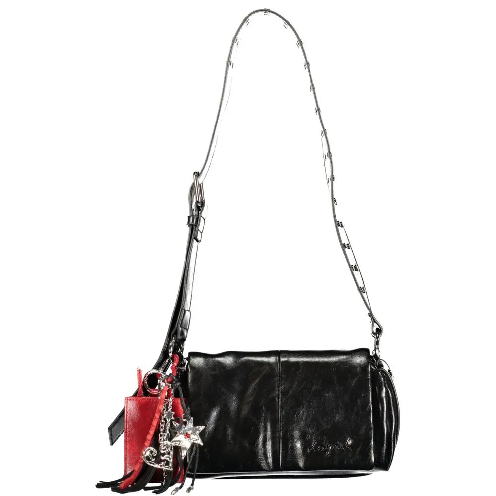 Sleek black polyurethane Desigual handbag with studded adjustable strap, red tassel coin purse, and star key ring.