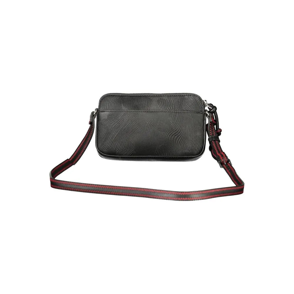 Black polyurethane women's crossbody bag with wavy texture and red-accented adjustable strap.