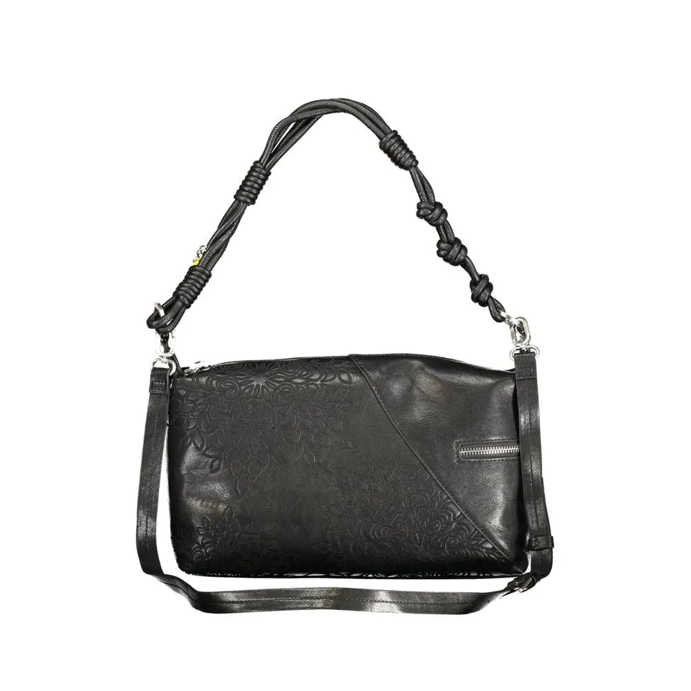 Black polyurethane women's handbag with embossed floral design, knotted shoulder handle, and adjustable strap. External zip pocket.