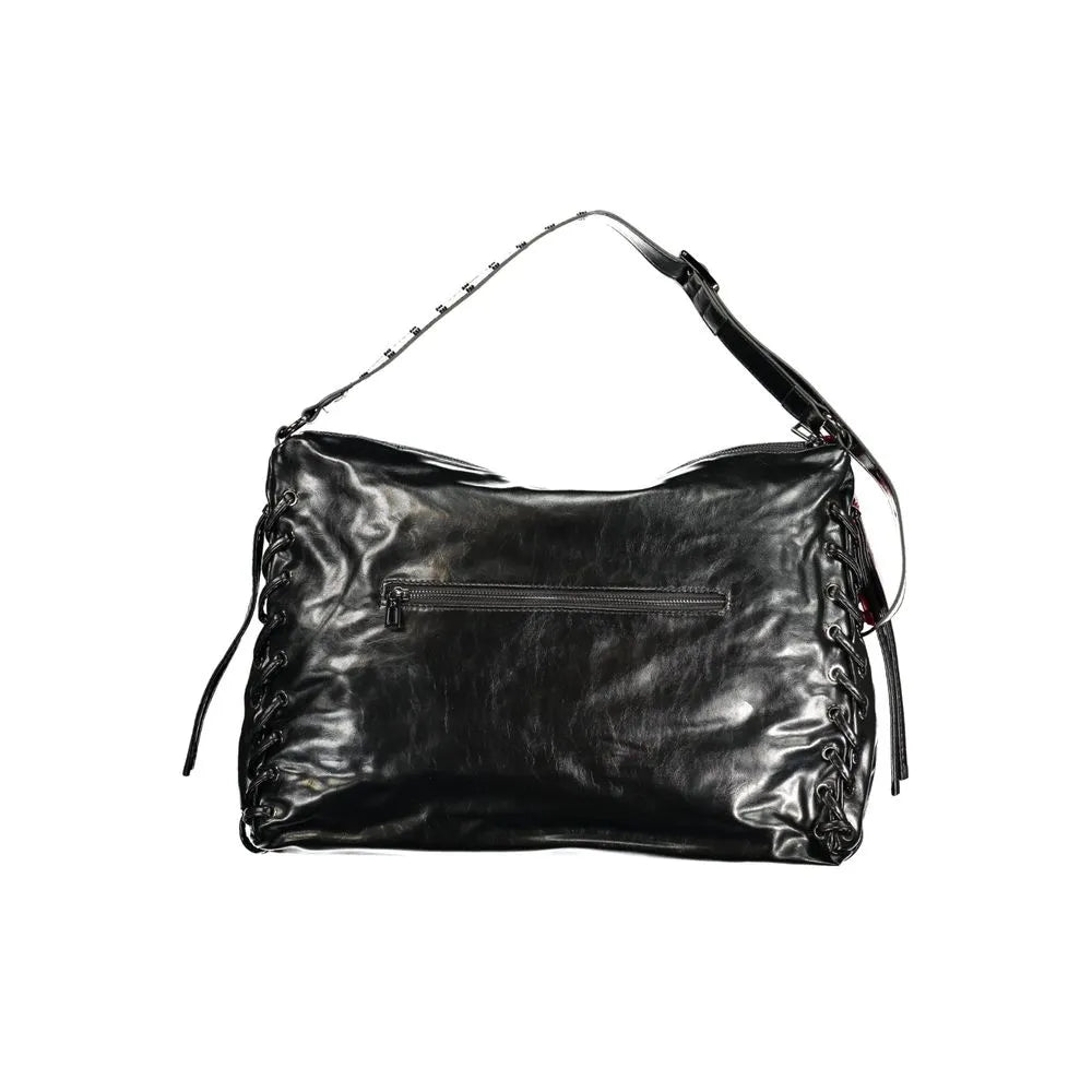 Black polyurethane women's handbag with a front zip pocket, adjustable strap, and decorative side lacing.