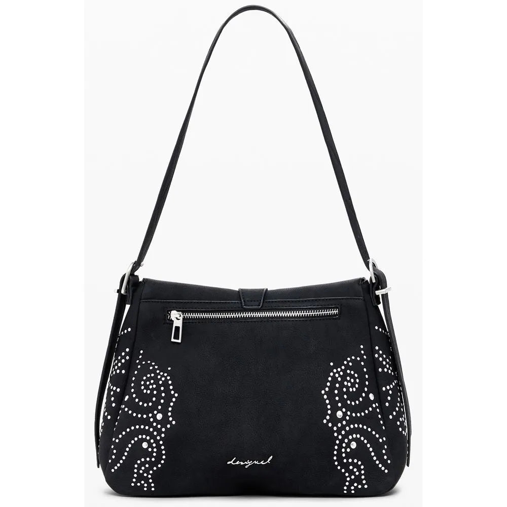 Black Desigual polyurethane women's shoulder bag with white studded swirl patterns and a top zip.