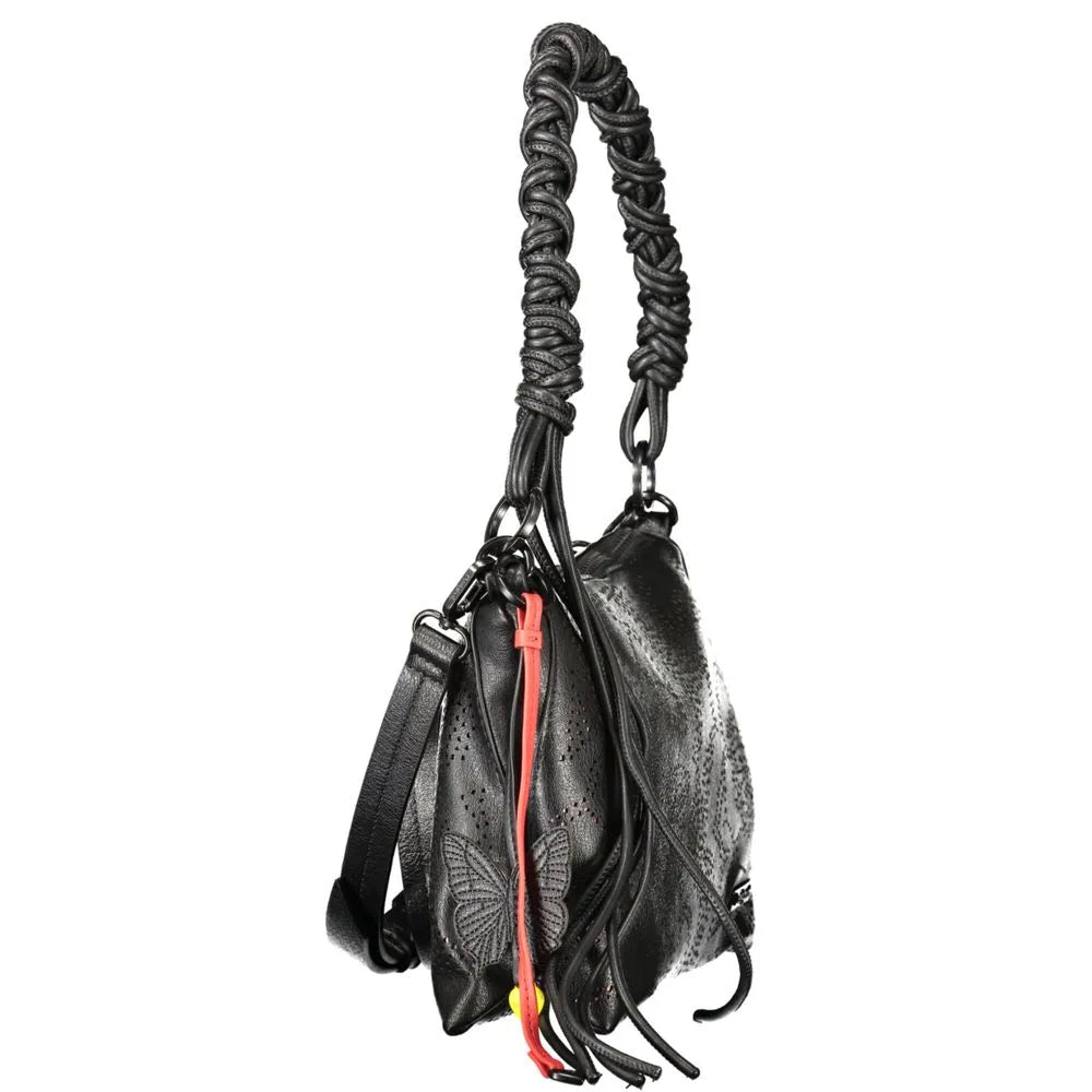 Black polyurethane women's handbag with braided handle, perforated design, butterfly detail, adjustable strap, and red keyring.