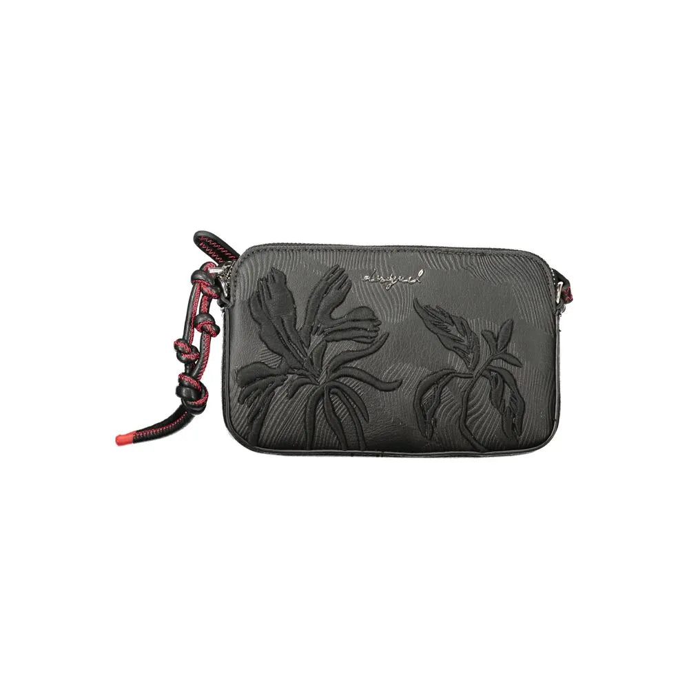 Black Desigual women's polyurethane shoulder bag with embossed floral design and red braided strap.