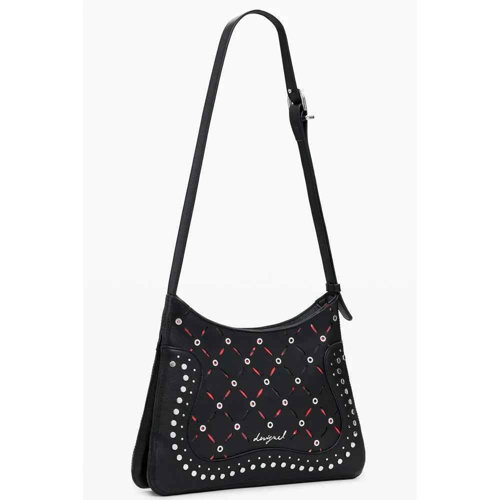 Black polyurethane Desigual shoulder bag with red contrasting details, silver studs, and an adjustable strap.