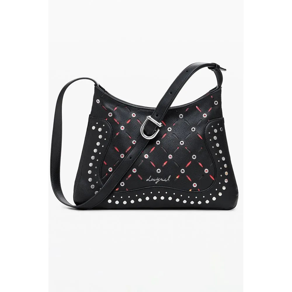 Black polyurethane shoulder bag with studs, quilted pattern, red accents, and adjustable strap.