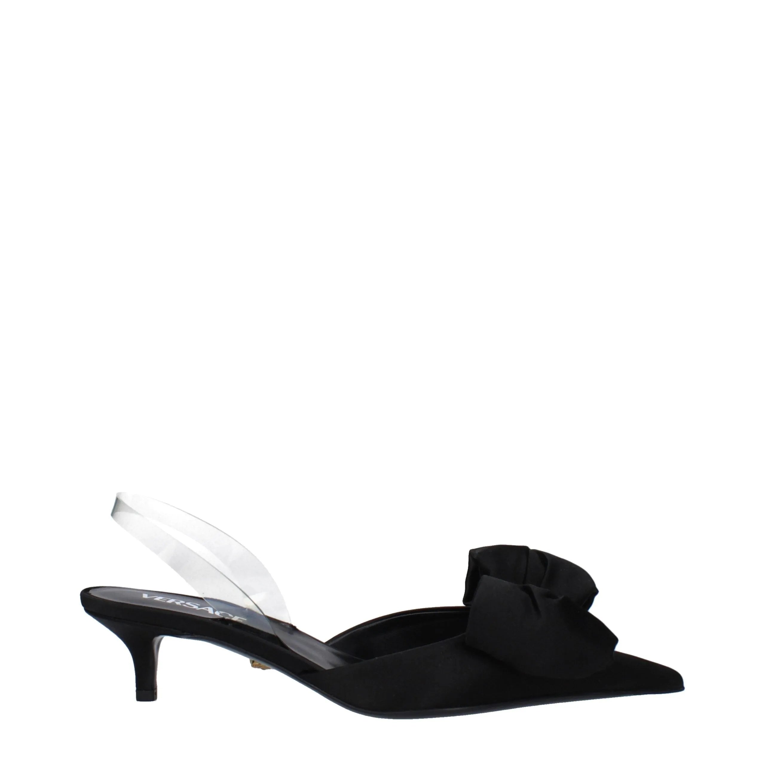 Versace black satin pointy-toe slingback heel with a prominent bow, transparent strap, and mid heel.
