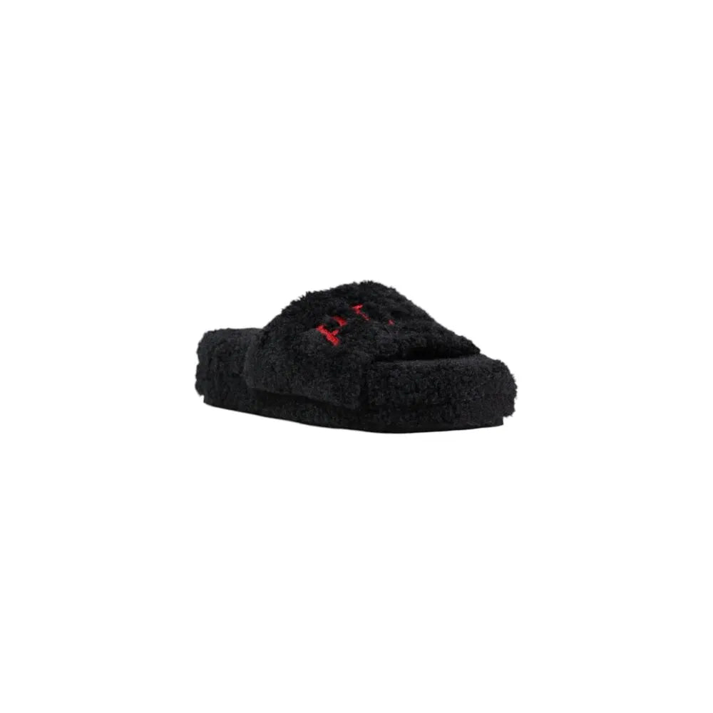 Black plush textile platform slide slippers with red embroidered Ralph Lauren logo.