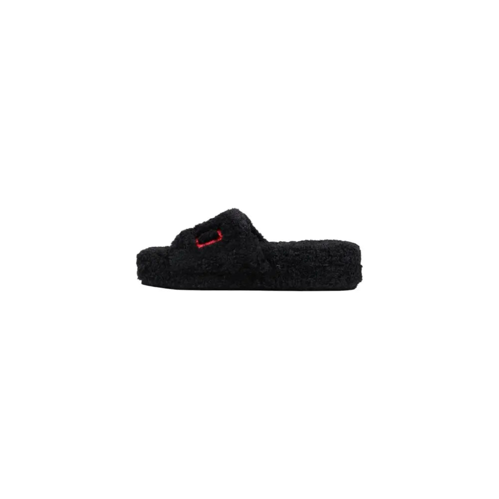 Black plush textile women's platform slipper with a red embroidered Ralph Lauren logo.