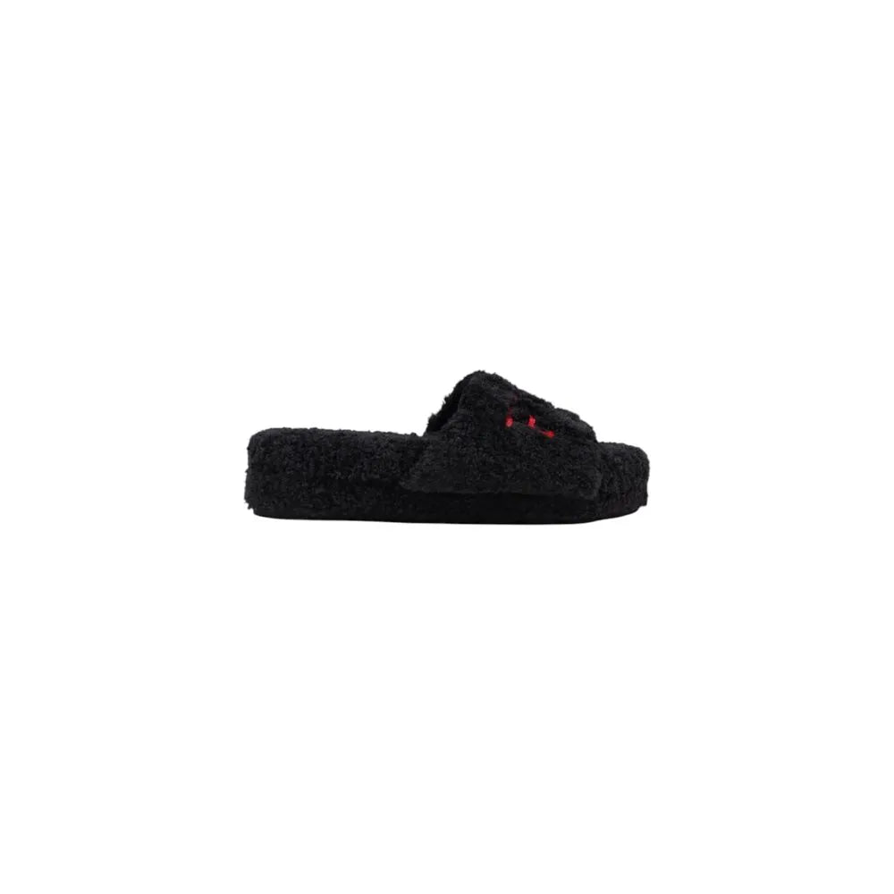 Black plush textile women's platform slipper with red embroidered Ralph Lauren logo.