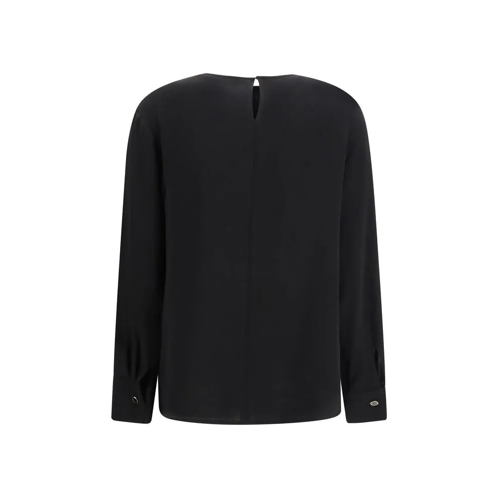 Black triacetate blouse, back view, with long sleeves, buttoned cuffs, and a teardrop closure at the crew neck.