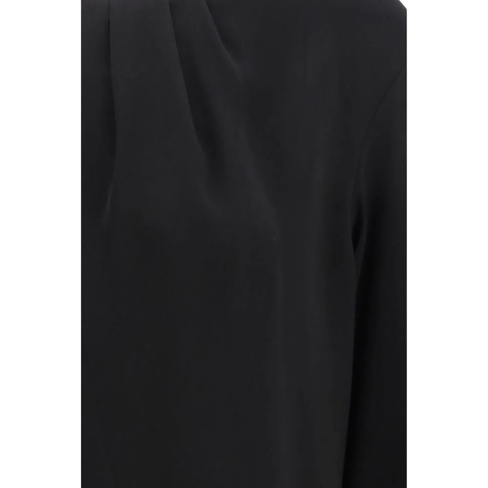 Black triacetate blouse with elegant gathered neckline detail and soft, flowing fabric.