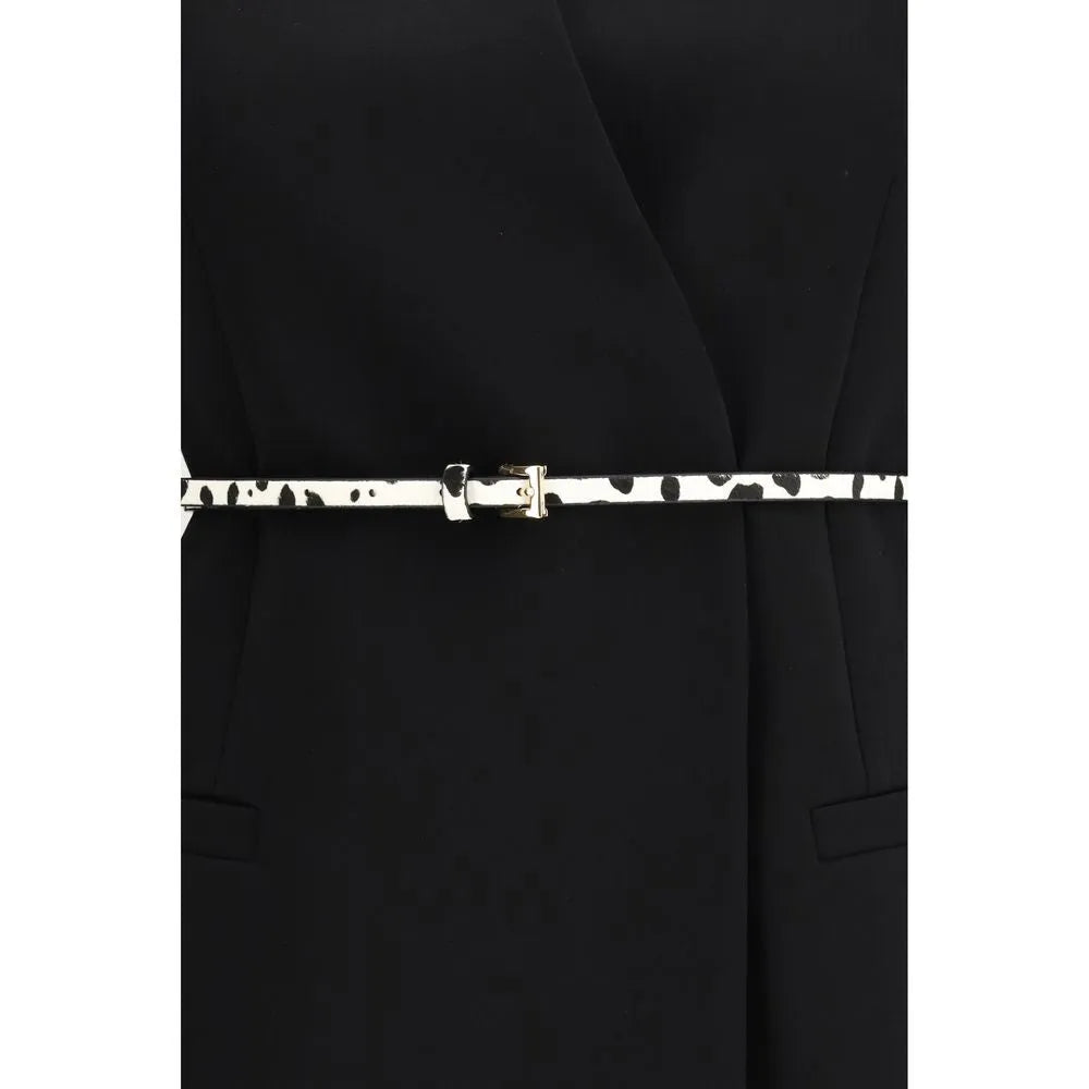 Black triacetate coat with a cinched waist and a slim white and black dalmatian print belt.