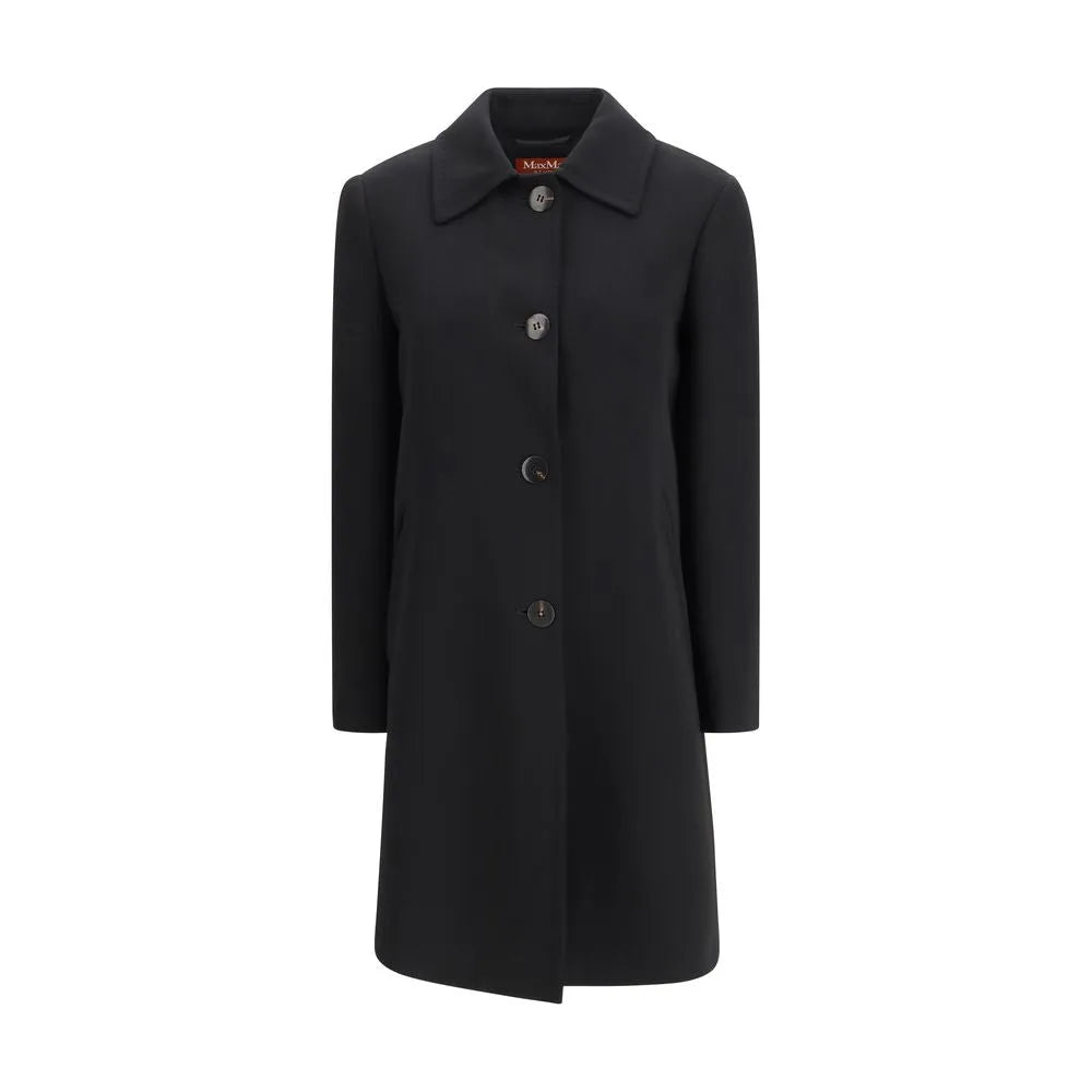 Max Mara Studio black triacetate overcoat with classic collar, front button fastening, and elegant streamlined design.