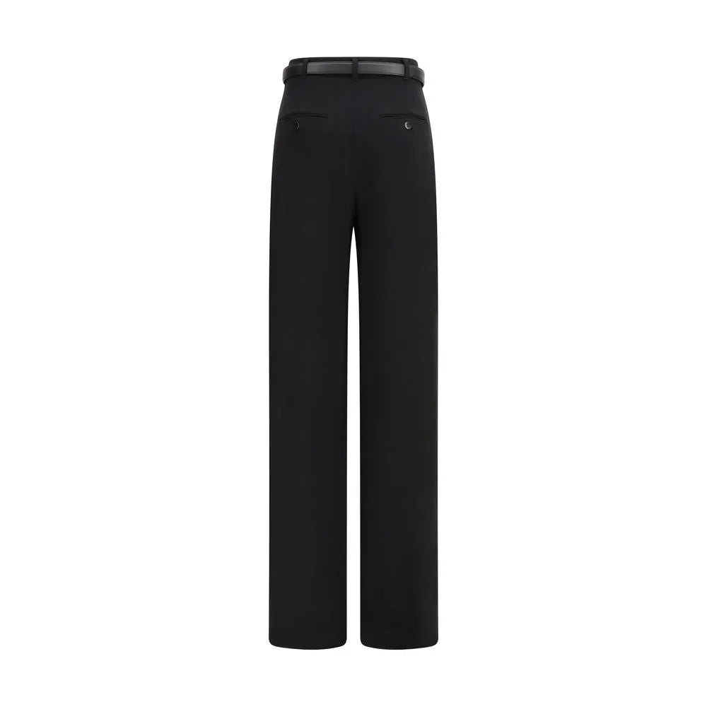 Black triacetate wide-leg dress pants, high-waisted with rear double-welt pockets and a black leather belt.