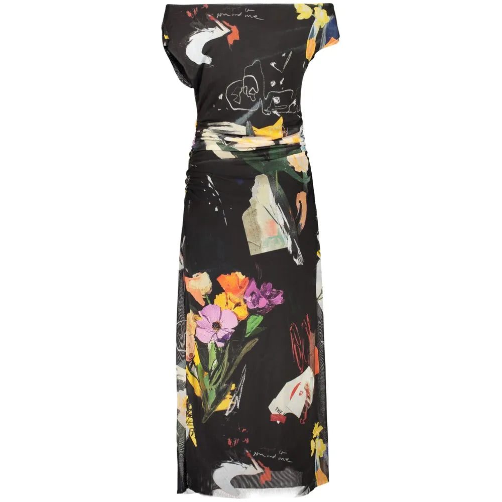 Black Desigual viscosa long dress featuring a vibrant floral and abstract signature print, boat neck, and ruched waist.