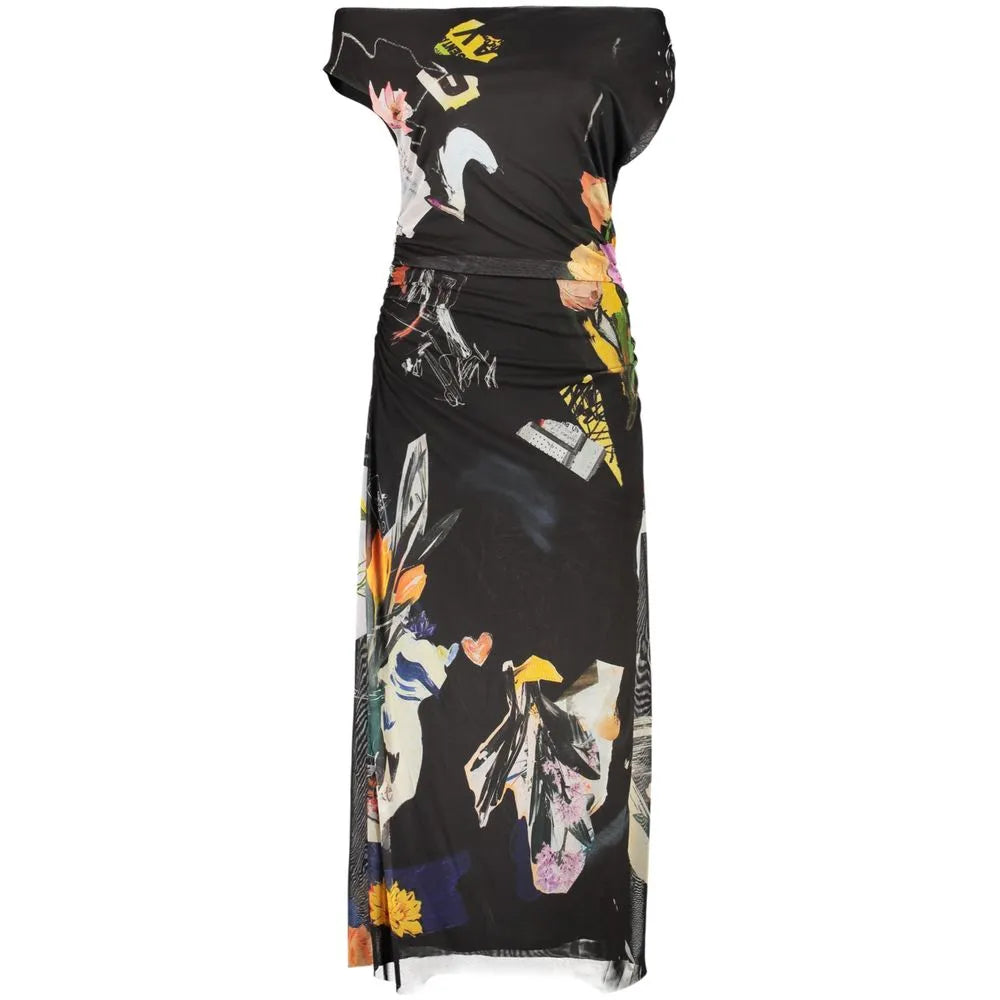 Black Viscosa maxi dress with vibrant multi-color abstract Desigual print, wide straps, and a boat neckline.