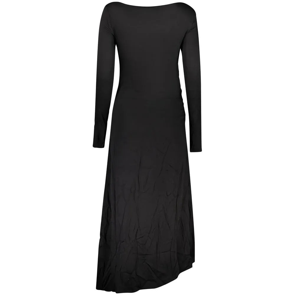 Black viscose blend long sleeve women's dress with boat neck and draped asymmetrical hem.