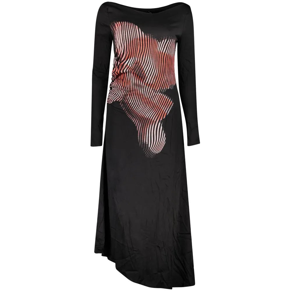 Black Desigual viscose blend maxi dress with boat neck, long sleeves, and a bold orange/white abstract pattern. Asymmetrical hem.