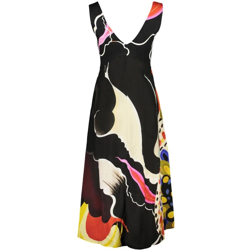 Black DESIGUAL viscose maxi dress with V-neck, wide straps, and a vibrant abstract print in white, pink, yellow, red, and blue.