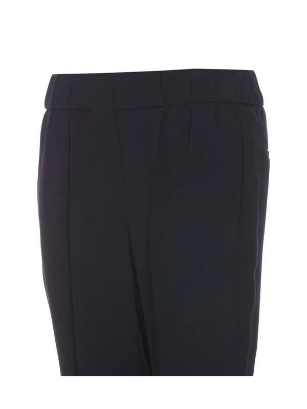 Deep blue acetate-silk women's casual pants with elasticated waist and subtle front pleats.