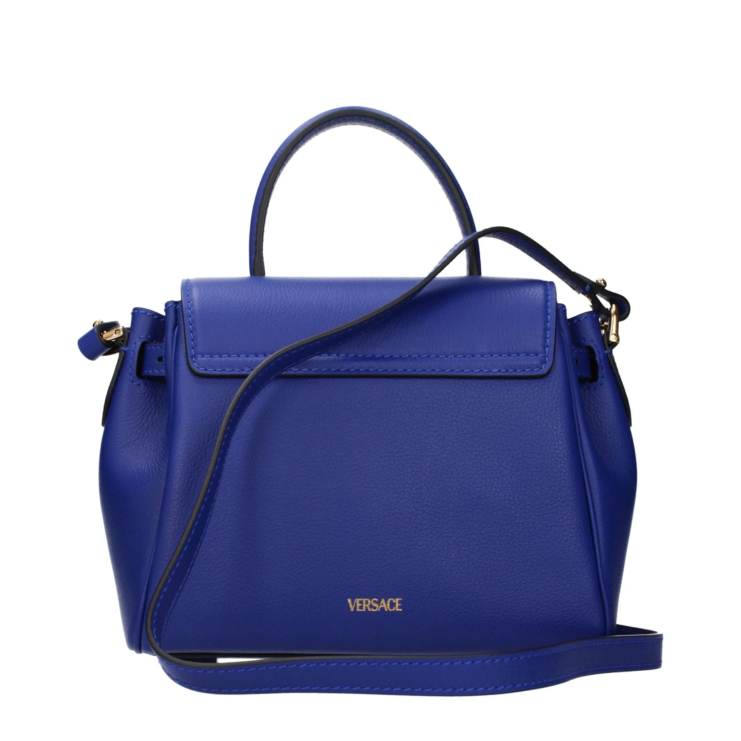 Versace blue leather handbag with top handle, flap closure, and adjustable shoulder strap.