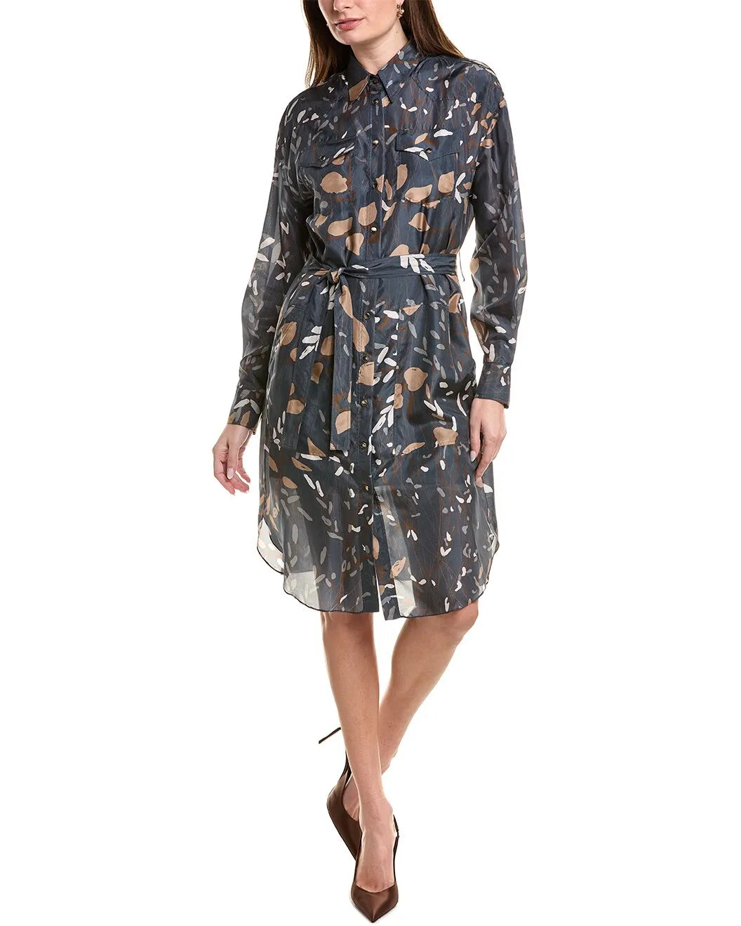 Brunello Cucinelli blue silk shirt dress with abstract leaf pattern, long sleeves, and belted waist.