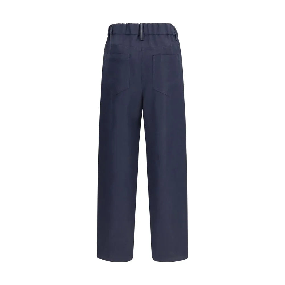 Dark blue viscose linen casual pants with elasticated waistband and back patch pockets.