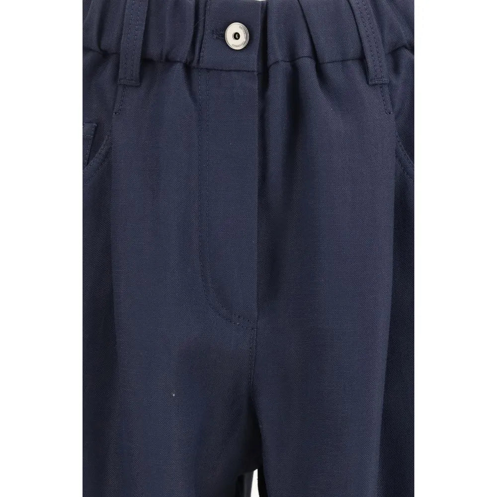 Navy blue viscose linen casual pants with elasticated waistband, front button closure, and belt loops.