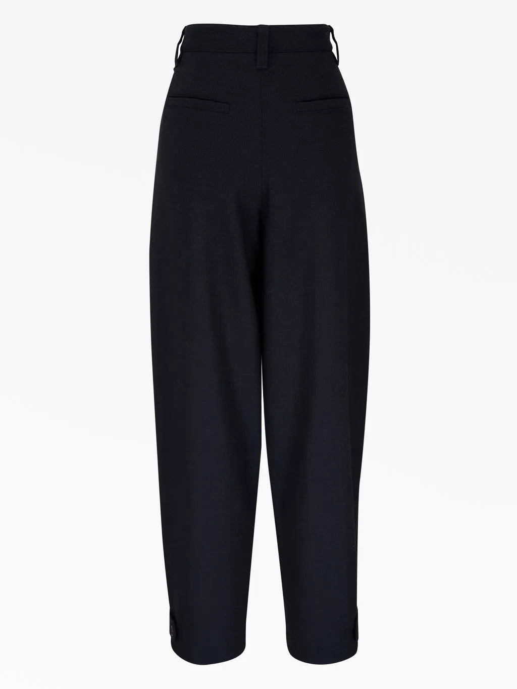 Brunello Cucinelli women's midnight blue wool high-waisted cropped trousers, back view, with button hems.